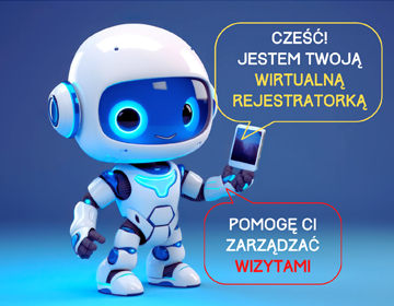 Bot (sztuczna inteligencja) trzyma telefon komórkowy i przedstawia się jako wirtualna rejestratorka