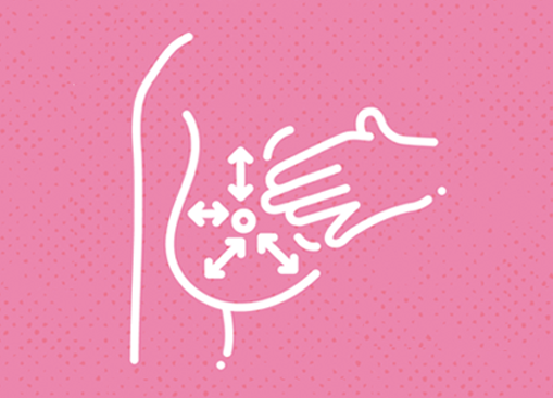 Ilustracja liniowa w białym kolorze na różowym tle: dłoń masująca pierś, z zaznaczonym ruchem ukośnym, sugerująca samobadanie.